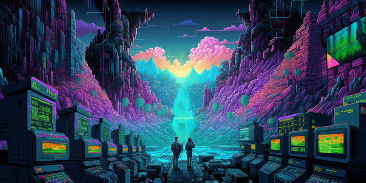 A pixel art image of heavy mainframe computers in a steep river valley, dominated by a large waterfall. 