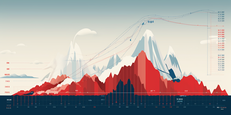 Faux infographic showing white and red mountains, overlaid with line chart overlays mimicking ski lifts.  