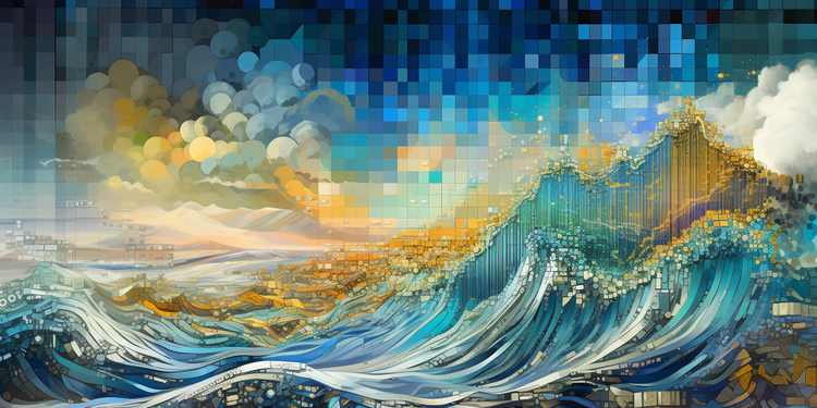 Digital illustration of a blue ocean wave, pixelated, with a growing bar chart hiding in the wave.