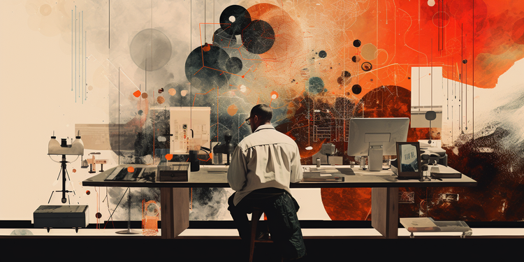 Digital collage image of a scientist at a workbench with computer, lab equipment, and abstract shapes in the background