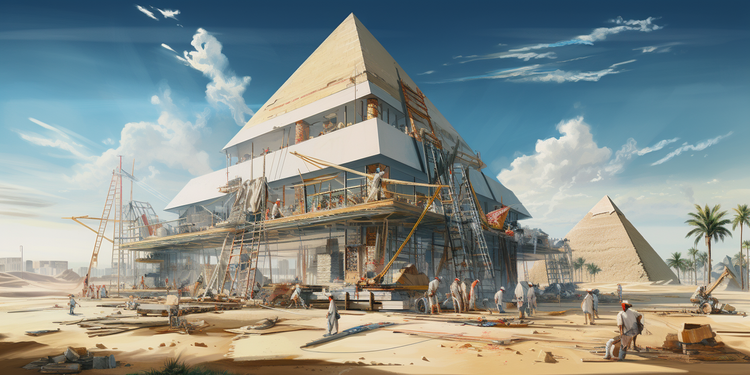 A modernist midcentury illustration of a giant Egyptian pyramid under construction by a modern construction crew.