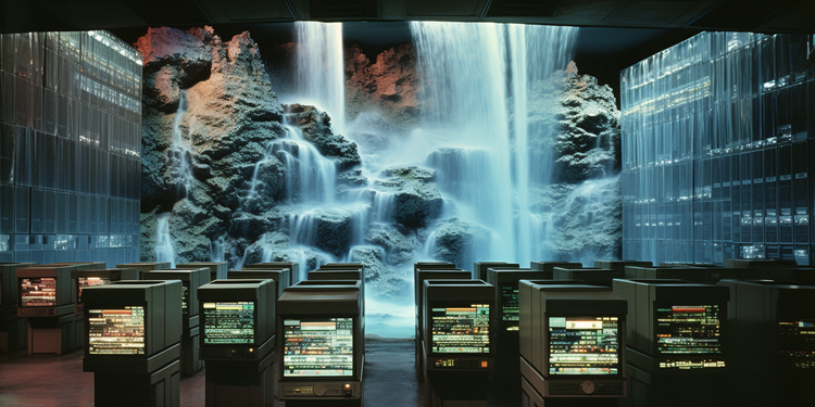 Photograph of a small waterfall cascading down the wall of a room full of servers.
