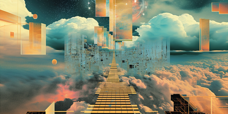 A digital collage of a walking path in clouds, with angular shapes and visual artifacts that suggest a digital setting. 