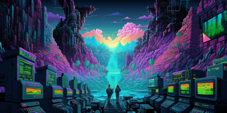 A pixel art image of heavy mainframe computers in a steep river valley, dominated by a large waterfall. 