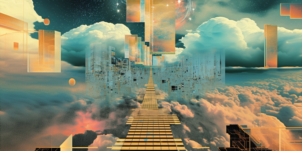 A digital collage of a walking path in clouds, with angular shapes and visual artifacts that suggest a digital setting. 